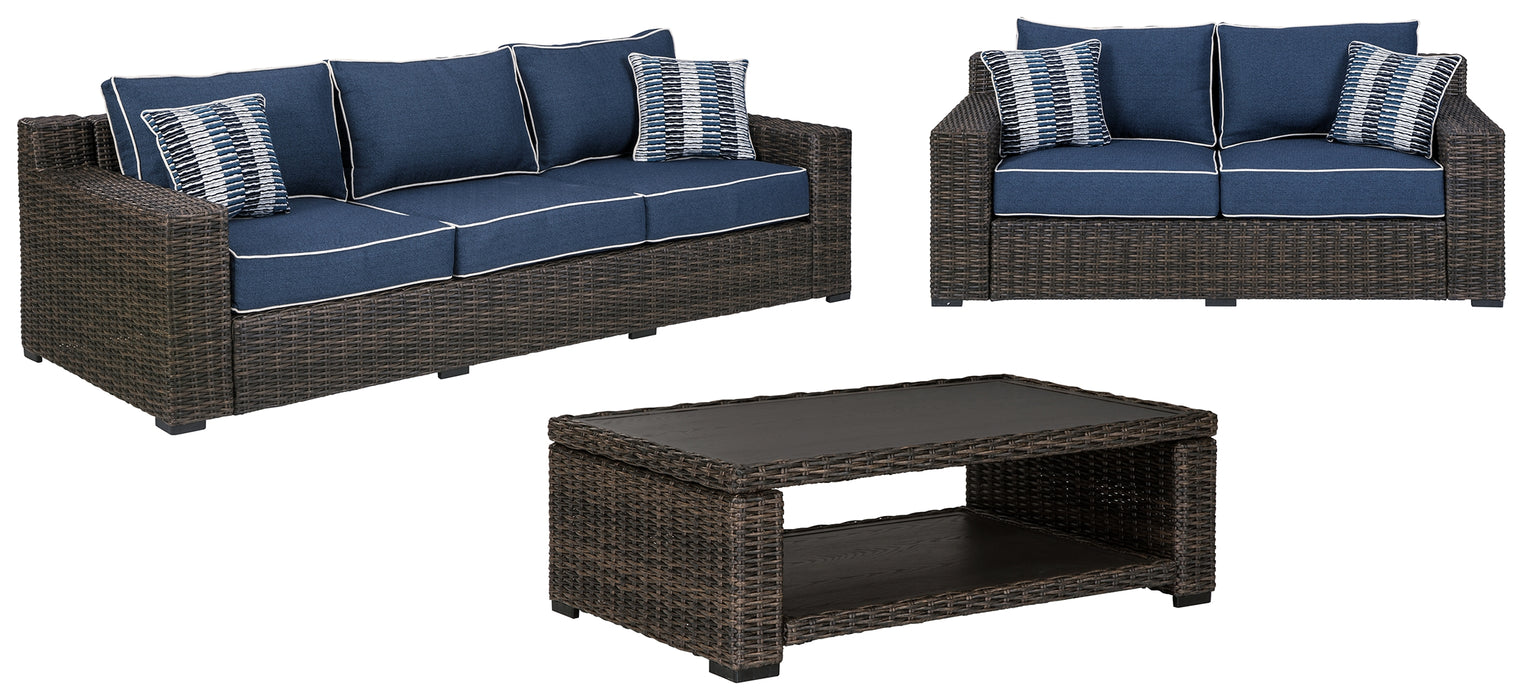 Grasson Lane Signature Design By Ashley 3-Piece Outdoor Sofa and Loveseat with Coffee Table
